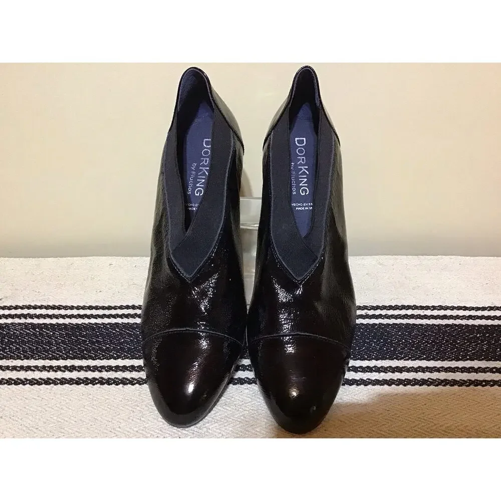 Dorking Dora Women Black Shiny Crinkle Leather Heels Sz 42-US11-11.5 Upscale Lux